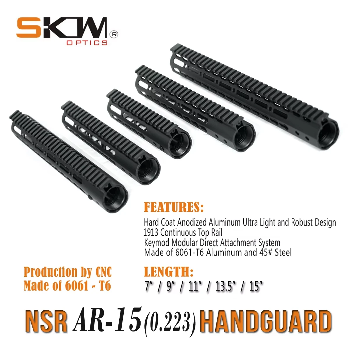 SKWOPTICS M-LOK K-MOD, NSR AR15 Osłona 7" 9" 10" 12" 13.5" 15" Szyna Picatinny 21mm Free Float Aluminiowa 6061-T6