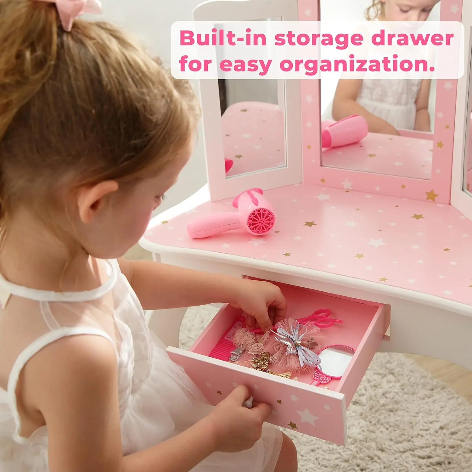 Kids Wooden Play Vanity Set with Table, Mirror, Drawer & Stool in White Pink Gold Star Design