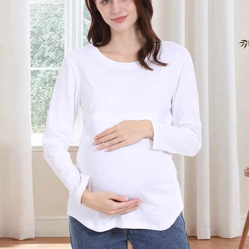 Summer Maternity Cotton T-Shirt Nursing Tops Long Sleeve Zipper Loose Breastfeeding Clothes For Pregnant Women T-Shirt
