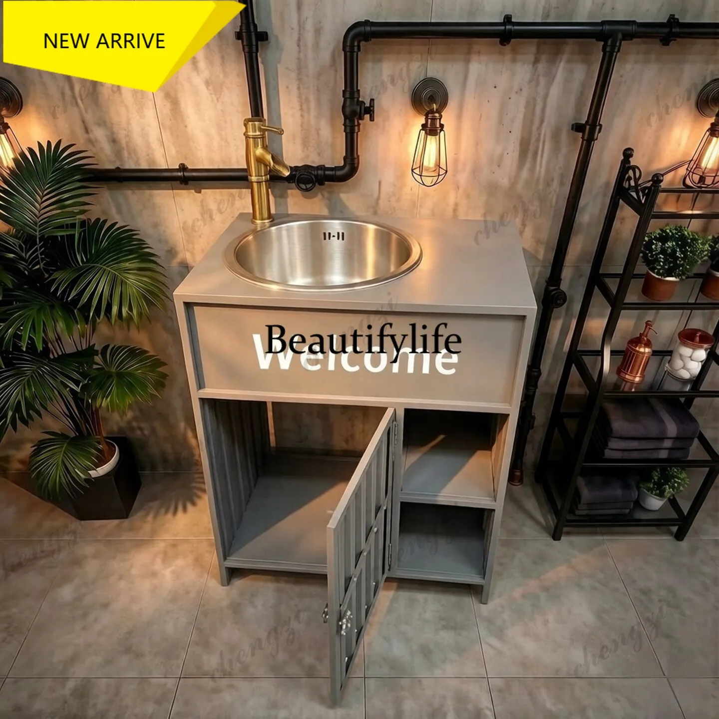 p18  Industrial wind stainless steel hand washing column basin, container hand washing, eating, storage locker integrated basin