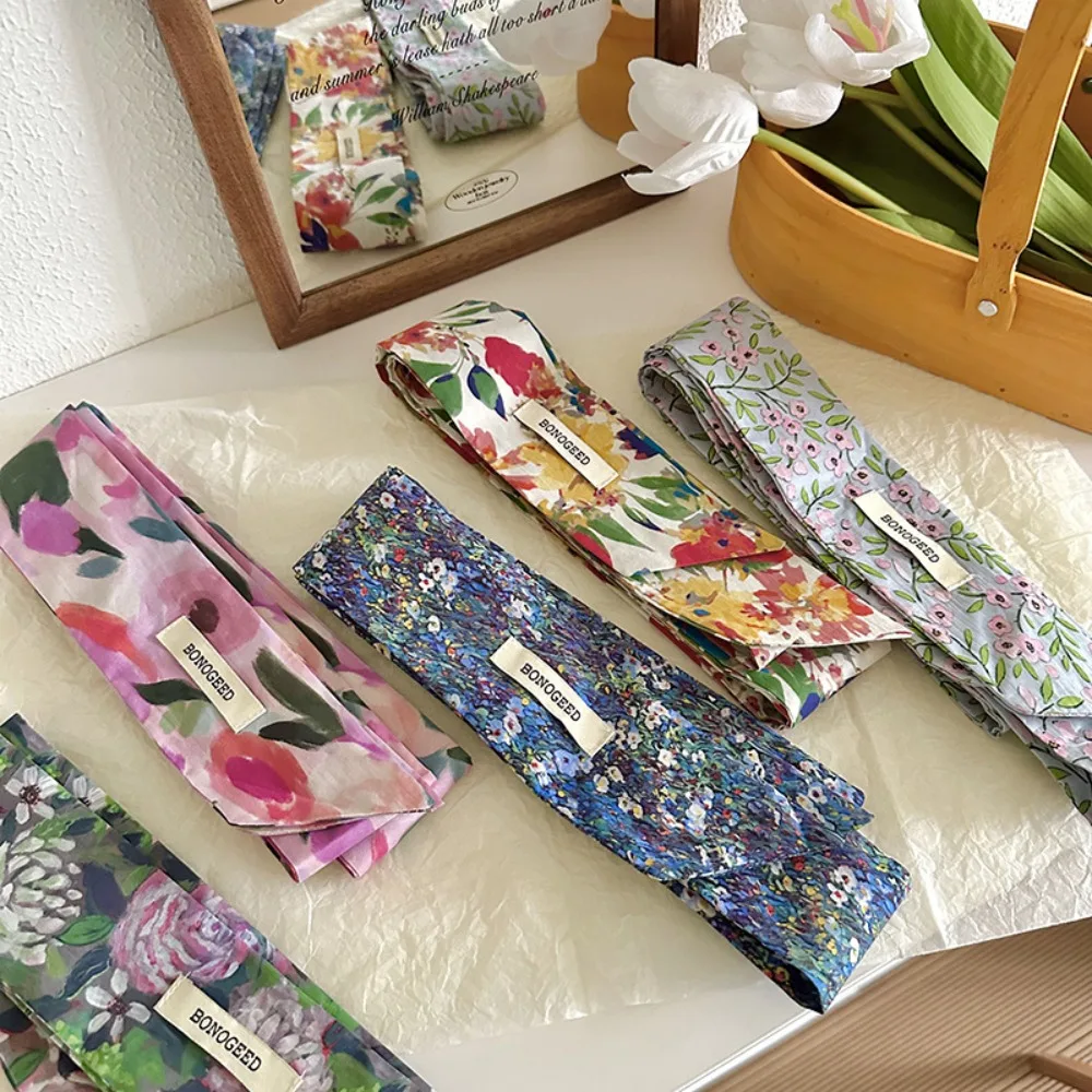 

Элегантный хлопковый шарф с картиной маслом, тонкий шарф-тюльпан, повязка на голову, цветочное поле, пояс в горошек, свадебный пояс