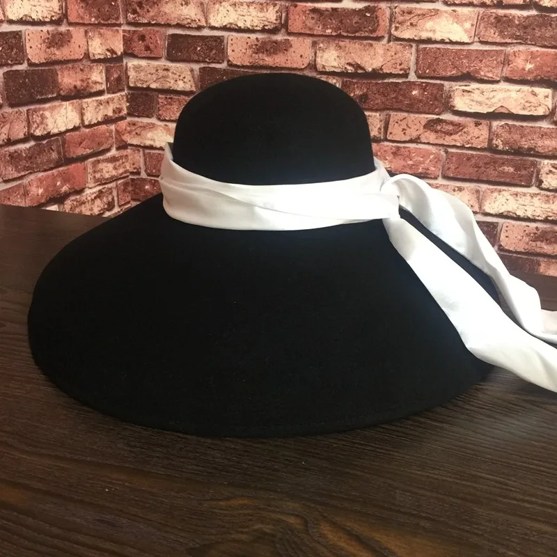 fashion streetstyle black wide brim wool bucket hat female vintage big hat for women looks like Audrey Hepburn