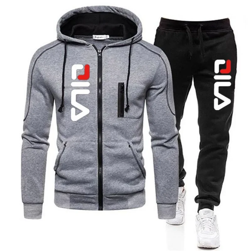 

New Solid Men's Zipper jacket Hooded Pullover + Sweatpants Sports Casual Jogger Sportswear 2 Piece Male Fleece Streetwear Sets