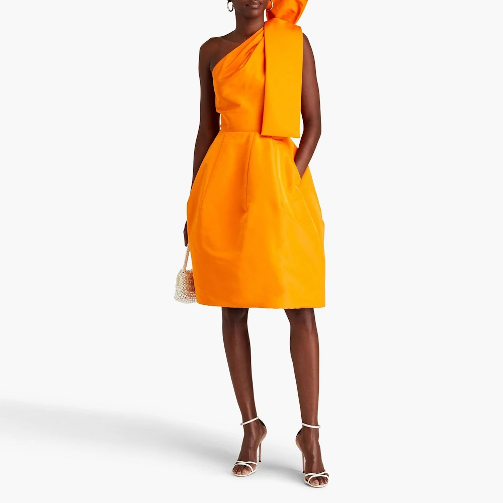 

Muloong Orange One Shoulder With Bow Mini Dress Knee Length Classic Evening Dress 2023 PleatedSaudi Aribia Party Dress for Women