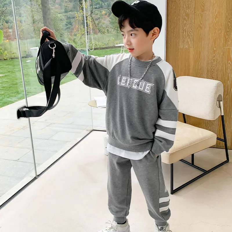 2026 Boys Contrast Alphabet Sweatshirt+Sweatpant School Kids 2PCS Tracksuit Child Jogger Outfit Student Active Workout Set