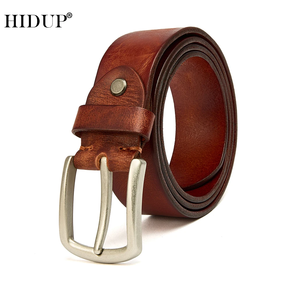 HIDUP Mens Top Quality Cow Leather Belt Real 100% Pure Cowskin Fashion Design Casual Style Pin Buckle Metal Belts Male 38mm Wide