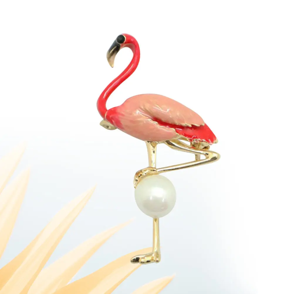 Broche de metal con forma de flamenco, con perla roja y esmalte, ideal para el cuello de la chaqueta, resistente, para mujeres y niñas, para uso casual, formal, fiestas, decoración, San Valentín y aniversarios.