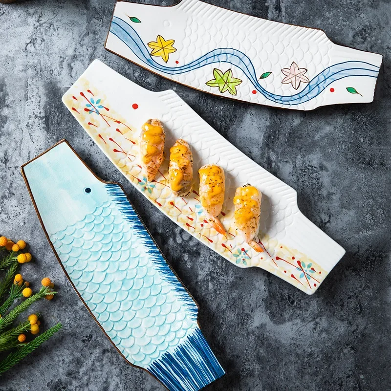 Japanese hand-painted fish-shaped plate sashimi platter dish long plate hotel ceramic Japanese creative tableware