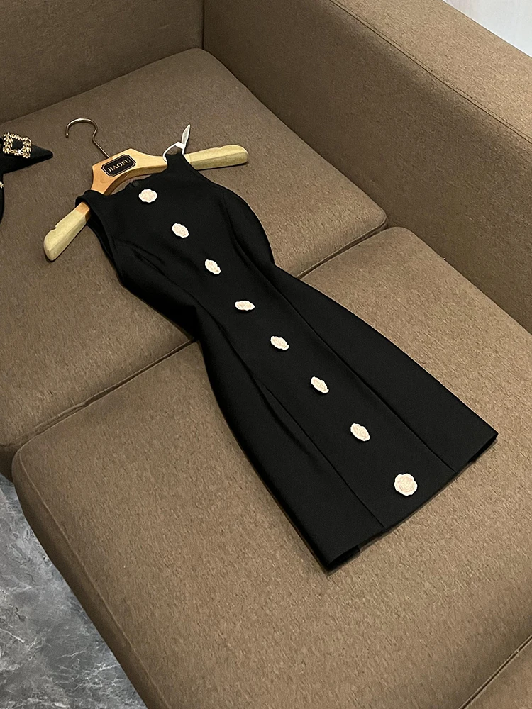 

Модное черное платье Slim Fit без рукавов с круглым вырезом, асимметричной юбкой и ремешками с пряжками из смолы для женщин, для города и повседневной носки