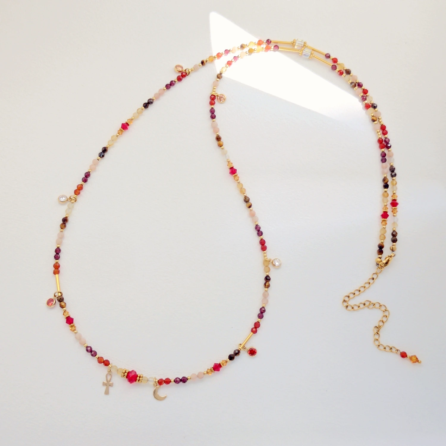 

Lii Ji 3mm Cirine Carnelian Garnet Sunstone Tiger's Stainless Steel Gold Plated Waist Chain 76+8cm Natural Stone Jewelry