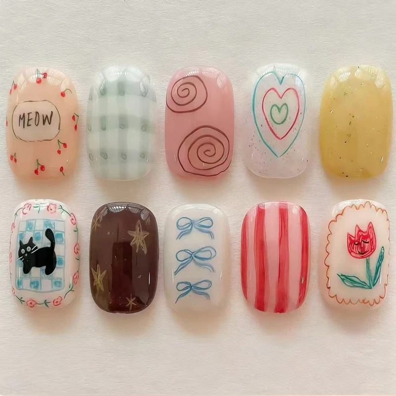 10 Stück Sommerliche bunte Dopamin-inspirierte kleine frische Press-on-Nägel für Damen und Mädchen, abnehmbare Nagel-Patches, gepunktete künstliche Nägel – Detail 6
