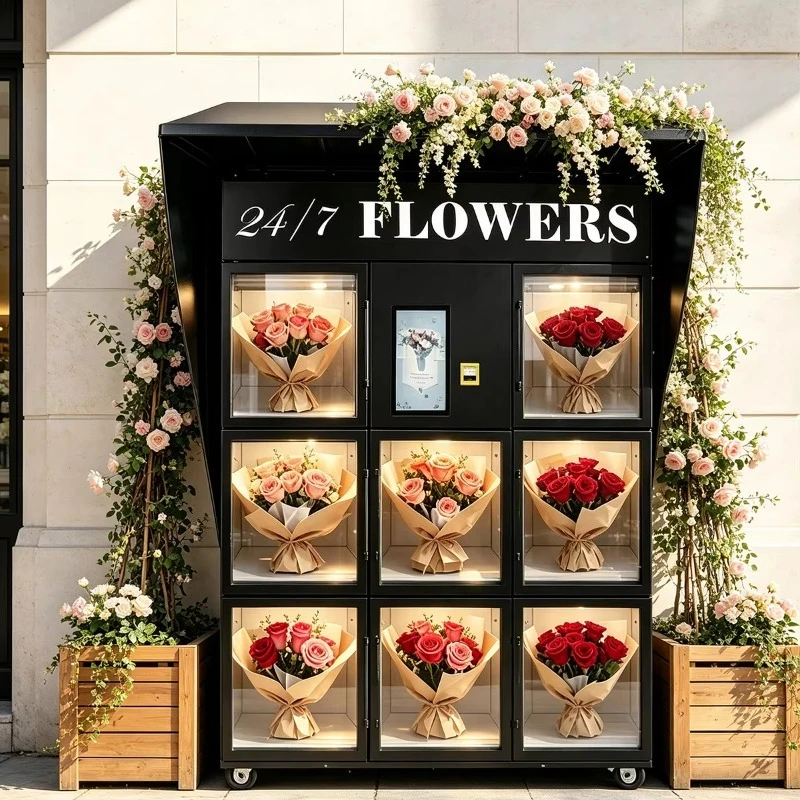 Modular Design Refrigerated Flower Vending Machine 8-Compartment Storage Cabinet Touchscreen Display Cloud-Based Management