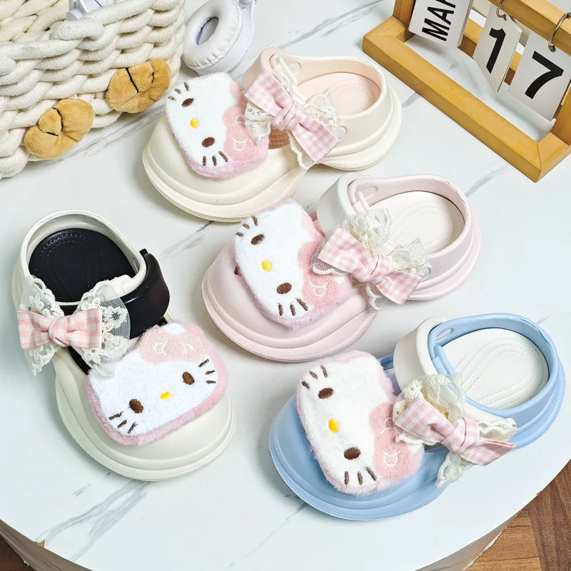 Sanrios детская обувь с отверстиями, милые тапочки с переплетением головы «Hello Kitty», новые сандалии с толстой подошвой для девочек на открытом воздухе, сандалии с мягкой подошвой