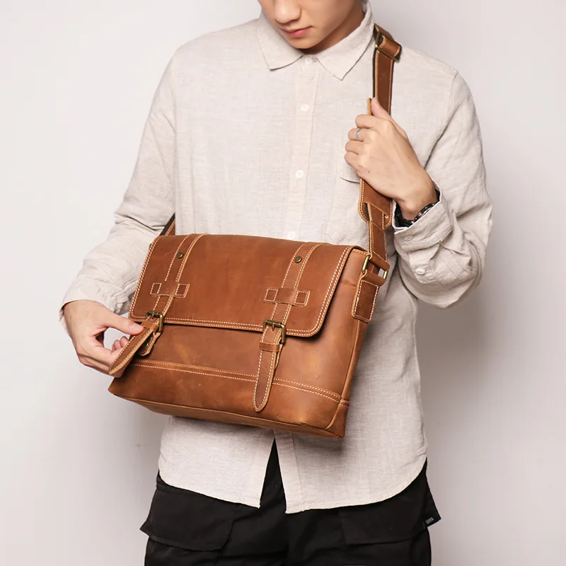 Distressed Messenger Bag - Spacious Crazy Horse Leather Crossbody Tote for Men, Multi-Pocket Cowhide Shoulder Bag Daily Commute