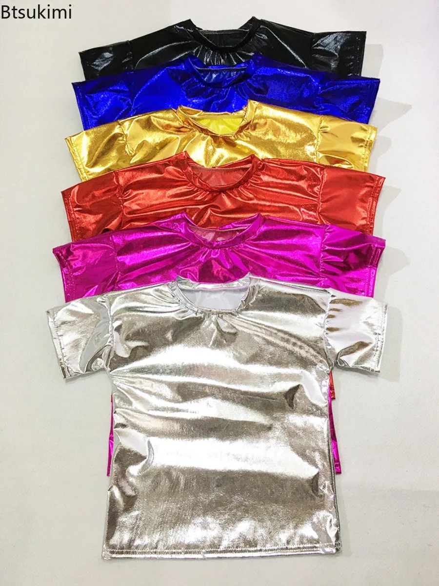 Child Adult Costume Short Sleeve T-shirt Women Shiny Metallic Tee Rave Dance Festival Clubwear Tops Scoop Neck Holographic Top