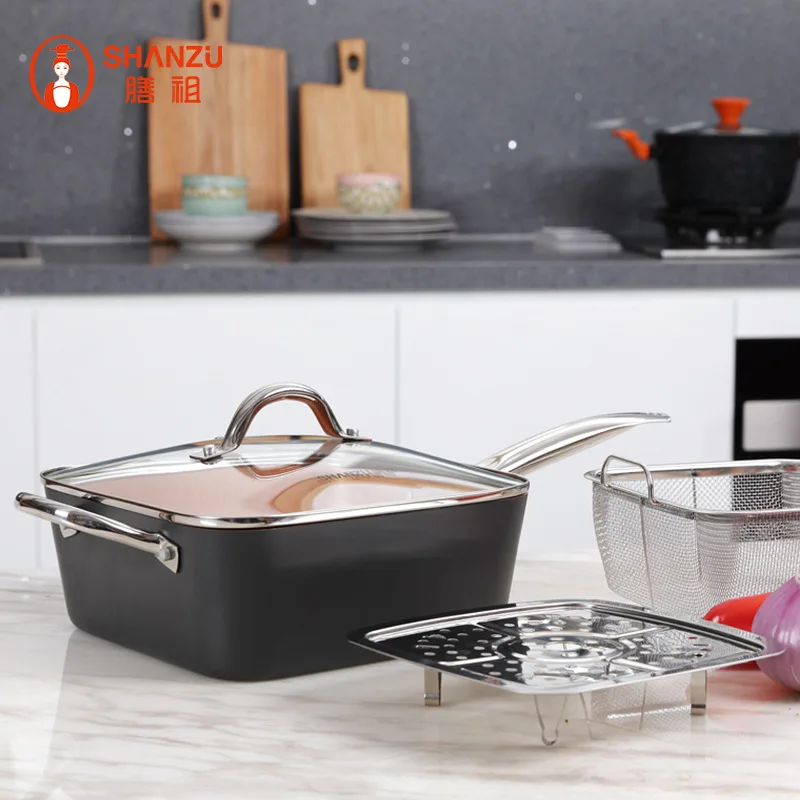 Copper ceramic coated frying pan four-piece set, stretch g pan set, fried egg  flat bottom frying basket