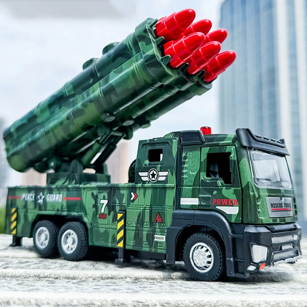 1/32 Scale Military Missile Rocket Launcher Trucks Metal Diecasts Model Toy Vehicle Sound and Light Pull Back Car Toys for Boys