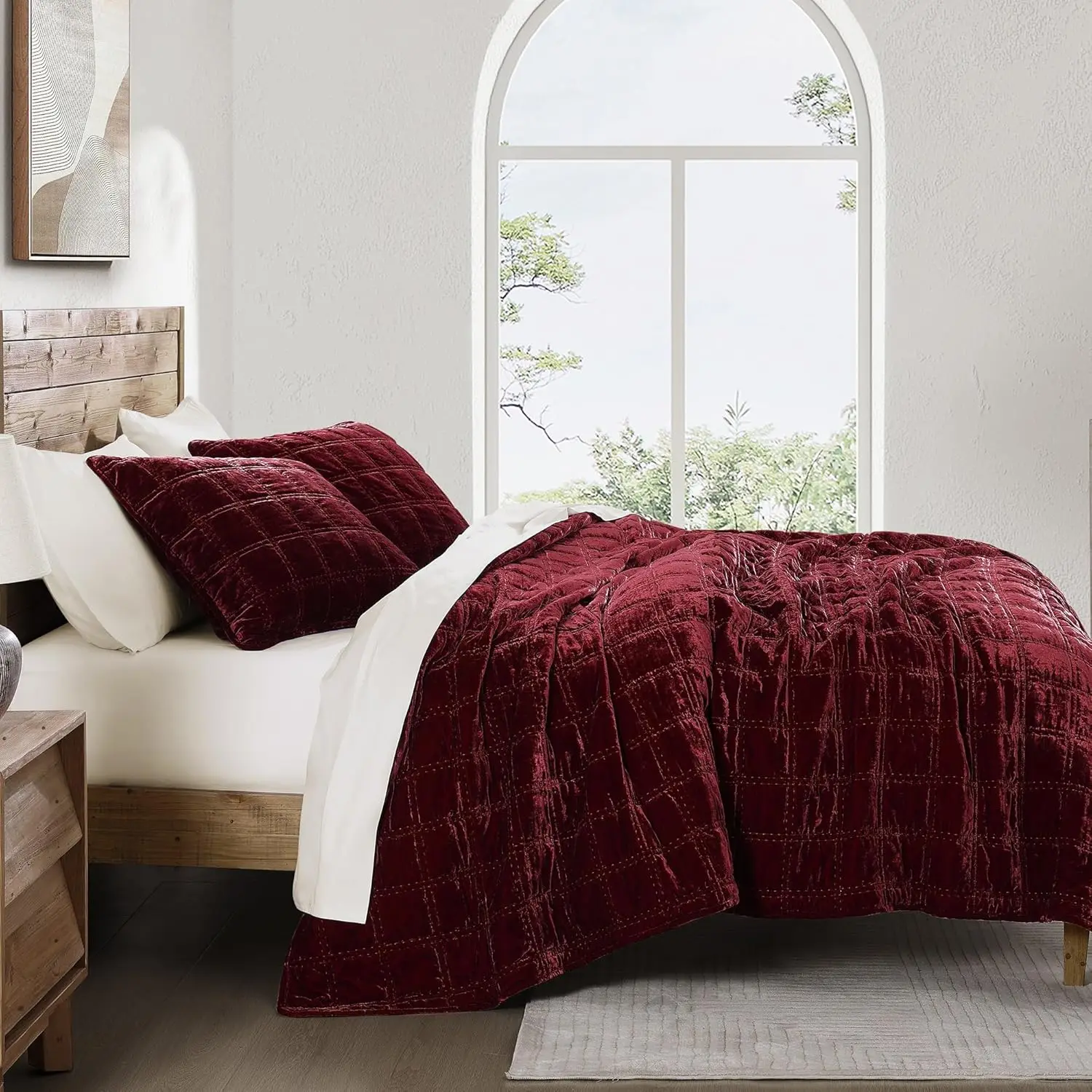 Hiend Accent Stella Faux Silk Velvet Double Box Stitch 3 Piece Quilt Set, Full Queen Size, Garnet Red Solid Color, Classic Chic