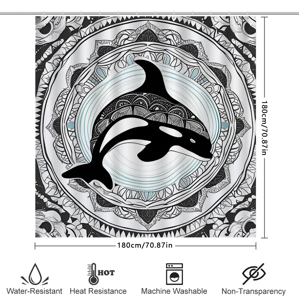 ستارة دش مزخرفة تتميز باللون الأسود والأبيض Orca Whale Artwork مثالية لديكور الحمام الحديث مقاس 72 × 84 بوصة (1-5 أعمال