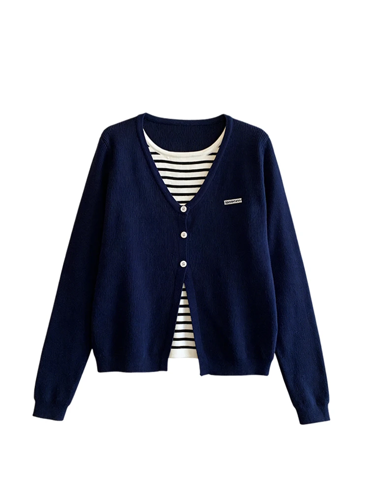 CaraCLUB plus Size Knitted Long Sve Women's Top Autumn Winter New Sle Striped Patchwork V-ne Mid-length Single-button