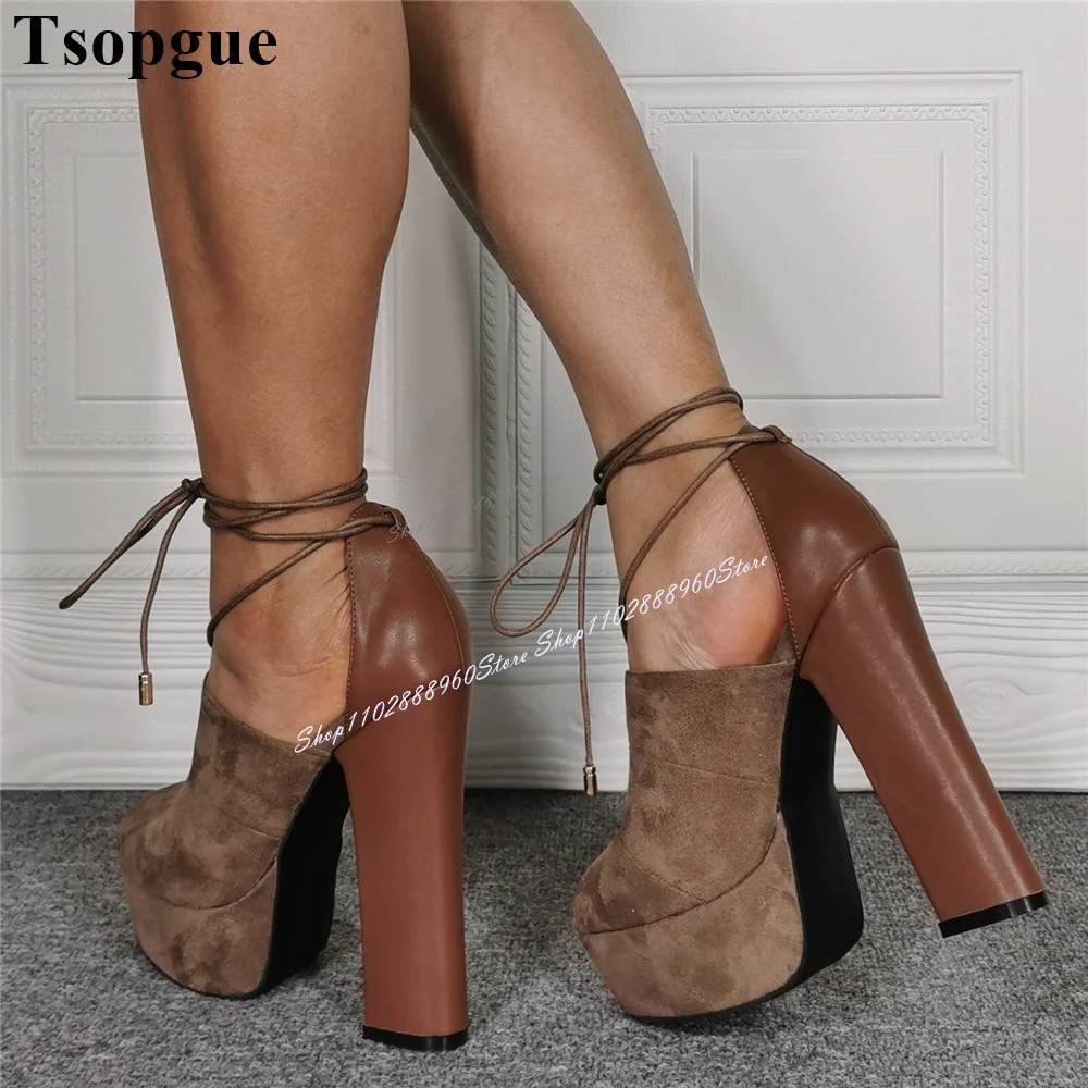 Lace-Up Coffee Color Flock Leather Platform Sandals Chunky High Heel Women Shoes Peep Toe 2024 Fashionable Zapatos Para Mujere