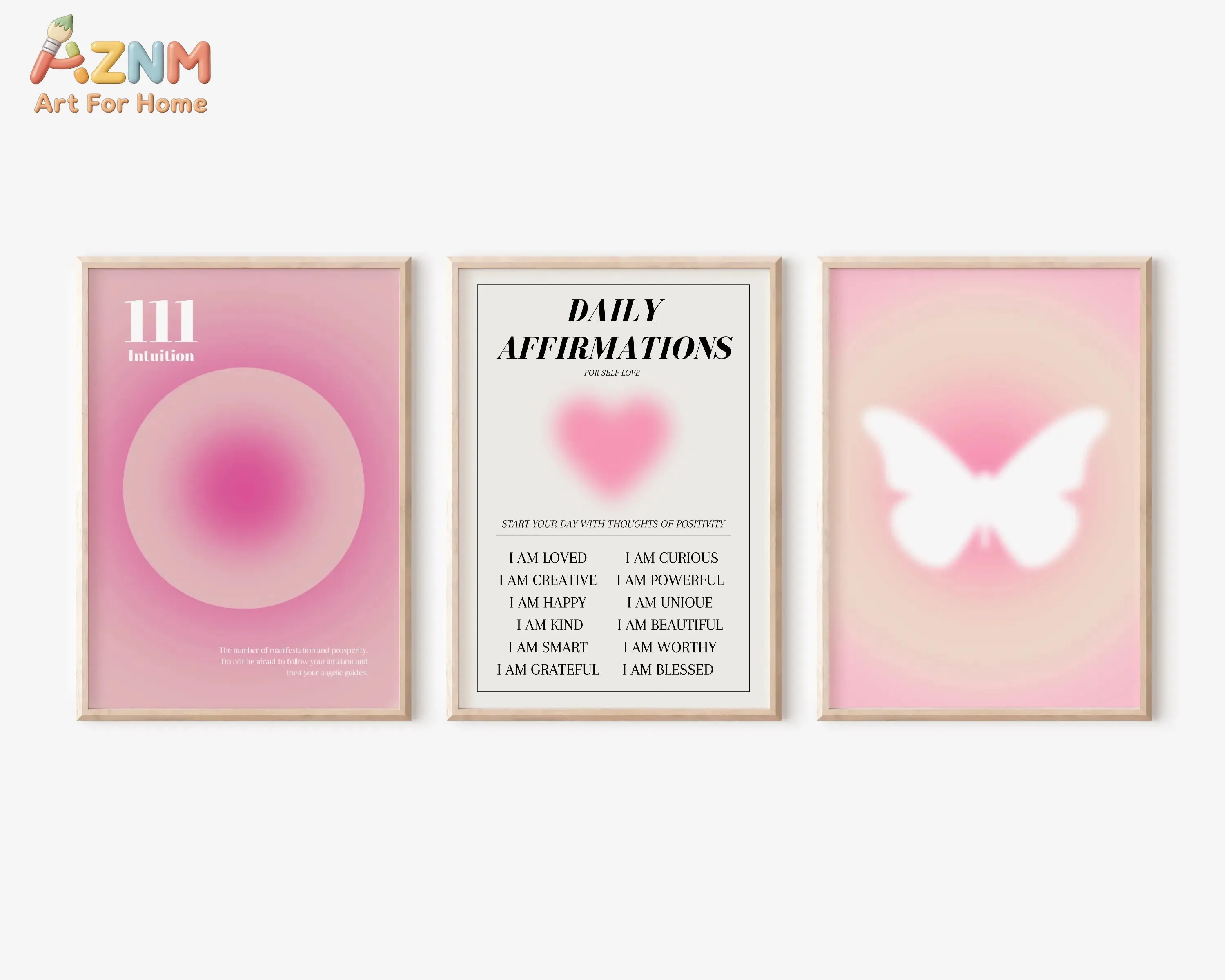 AZNM Aura Pink Daily Affirmations Canvas Wall Art, Modern Angel Number 111 Intuition Butterfly Print Poster, Unframed Positive E