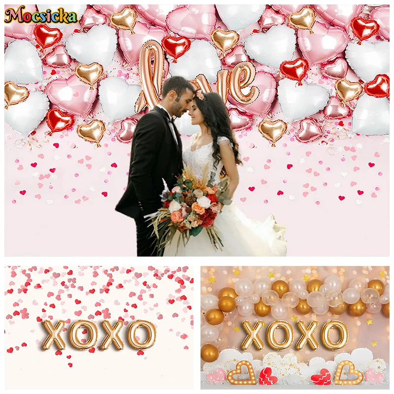 Mocsicka Valentine's Day Photography Background Love Balloon Pink Backdrop Wedding Party Romantic Holiday Couple Photo Banner