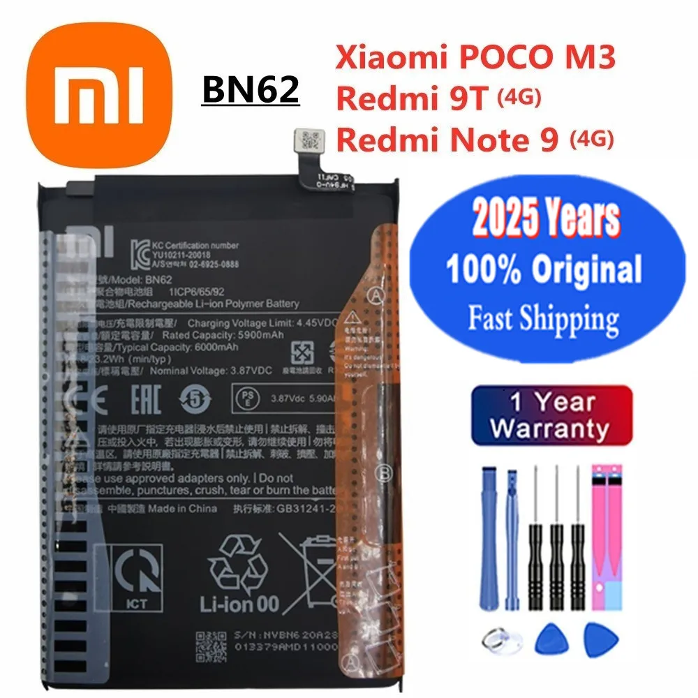 2025 Years 6000mAh BN62 Original Battery For Xiaomi POCO M3 Redmi 9T / Redmi Note 9 4G Version High Quality Phone Battery Tools