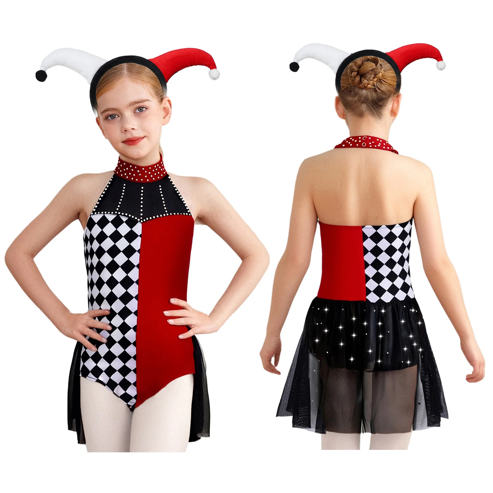 أطفال فتاة السيرك مهرج تأثيري أداء زي بلا أكمام شبكة حجر الراين فستان يوتار مع أغطية الرأس لكرنفال الهالوين