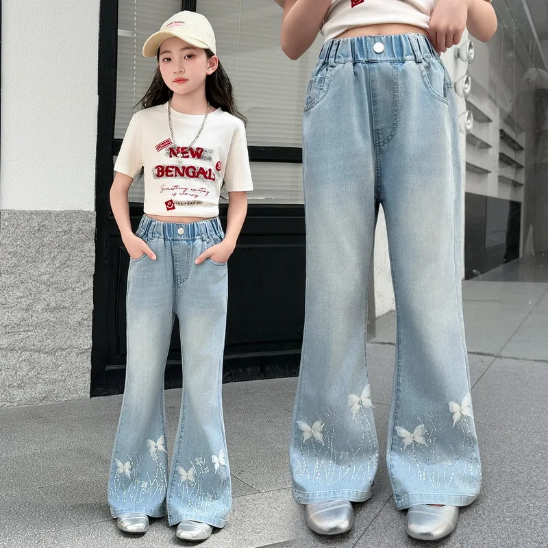 Stylish Girl Bootcut Jeans with Lace Butterfly For Tween Children Street Design Flared Denim Pants Kids Rhinestone Trousers