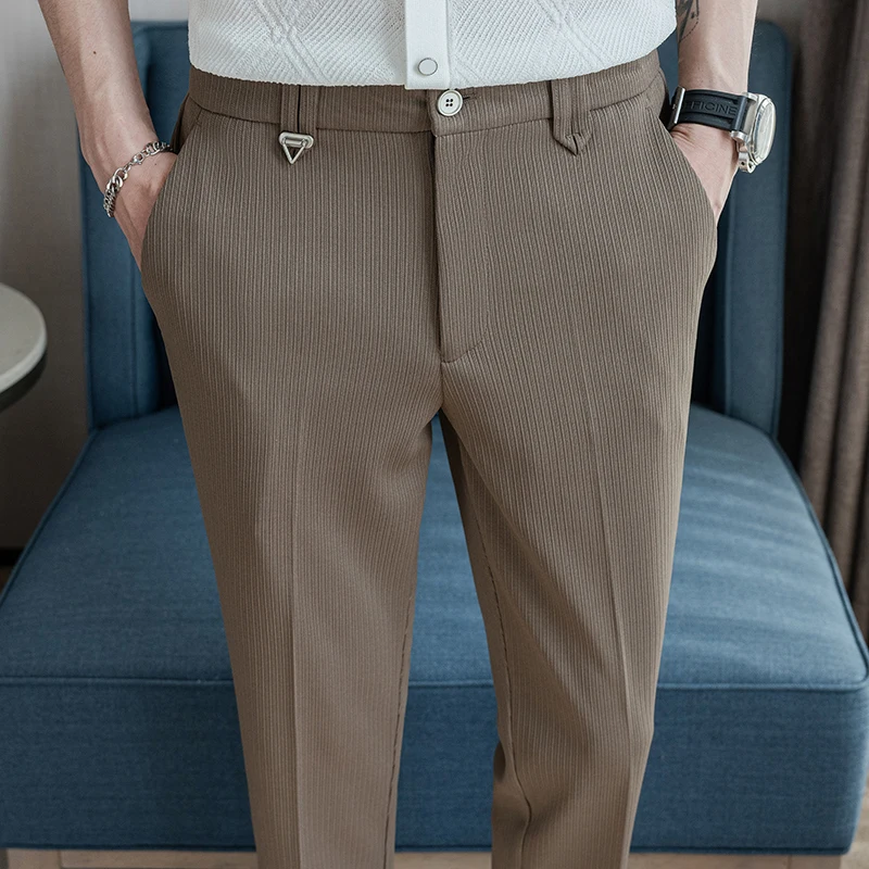 Men Ankle-length Casual Pants, Formal Suit Pants with Textured Fabric, Men's Straight Leg Solid Color Elastic Waist Pants.28-36