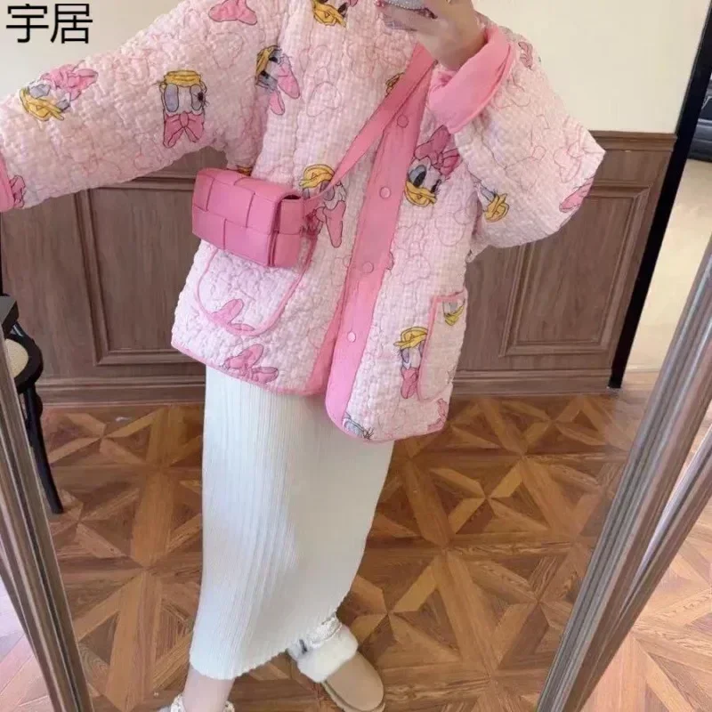 New Disney Donald Duck Pink Jackets Women Autumn Winter Cotton Sweet Coat Korean Style Fashion Cardigan Tops Y2K Clothing Gifts