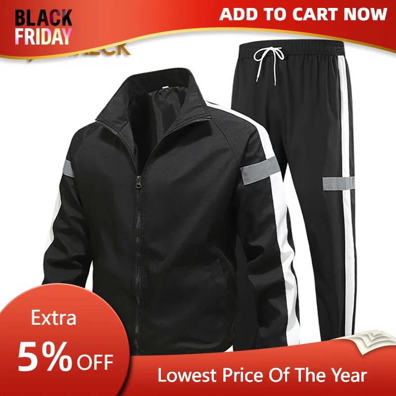 CHRLCK Men's Running Sportswear Suits Breathable Reflective Clothes Sports Joggers Training Gym Fitness Tracksuit Sets Men