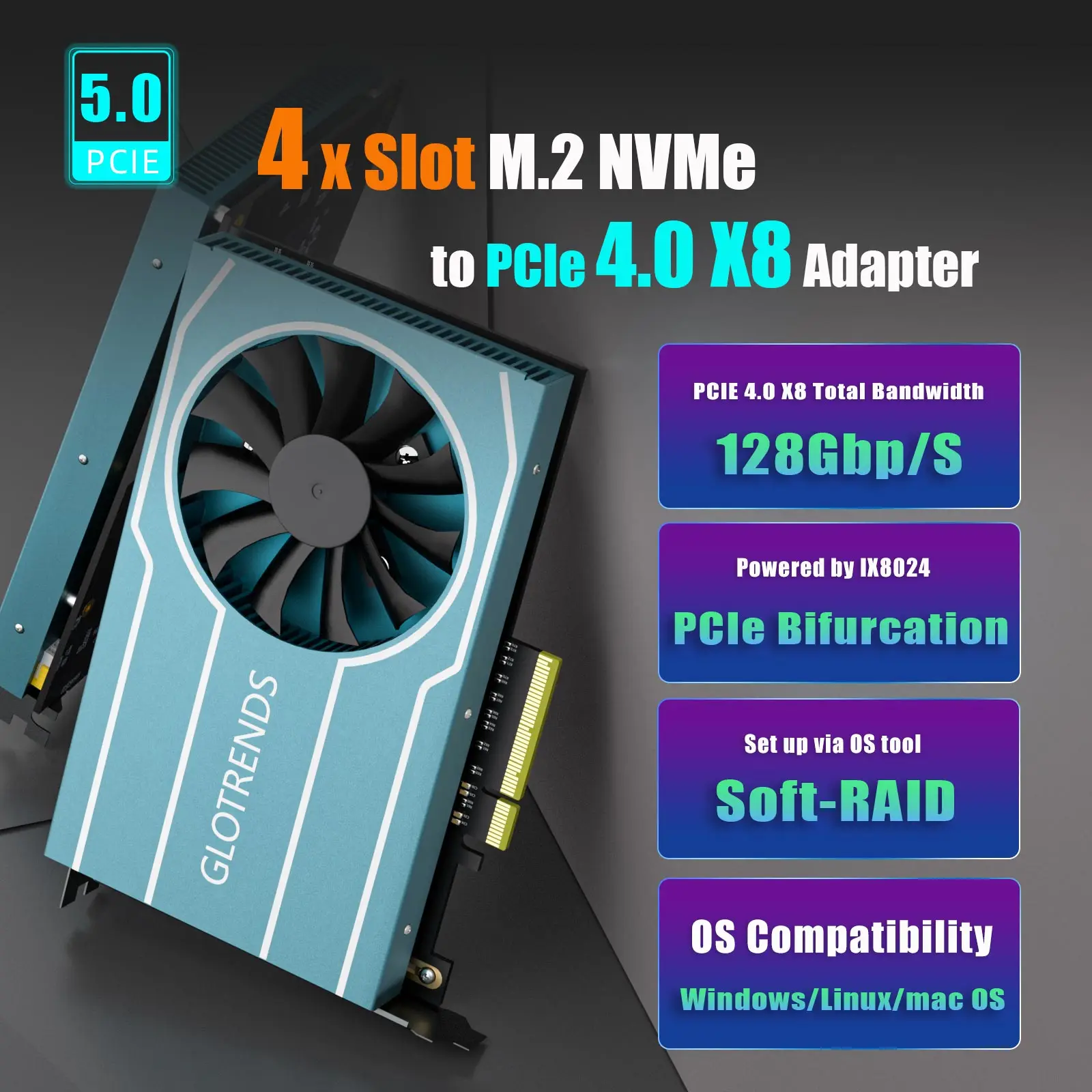 4-slot M.2 NVMe to PCIE 4.0 X8 Adapter, Support PCIe Bifurcation, Support Soft-RAID