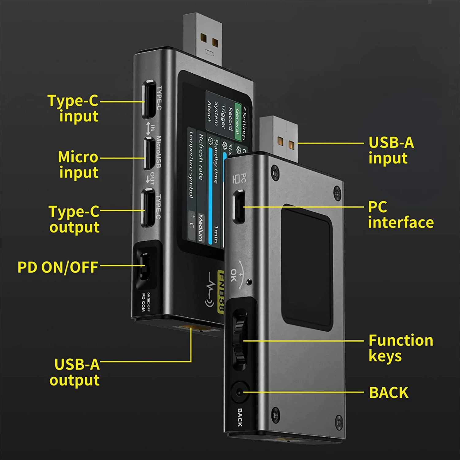 FNB58 USB Tester, Digital Voltmeter Current Tester USB Type-C Fast Charge Protocol Power PD Trigger Detection Max 7A