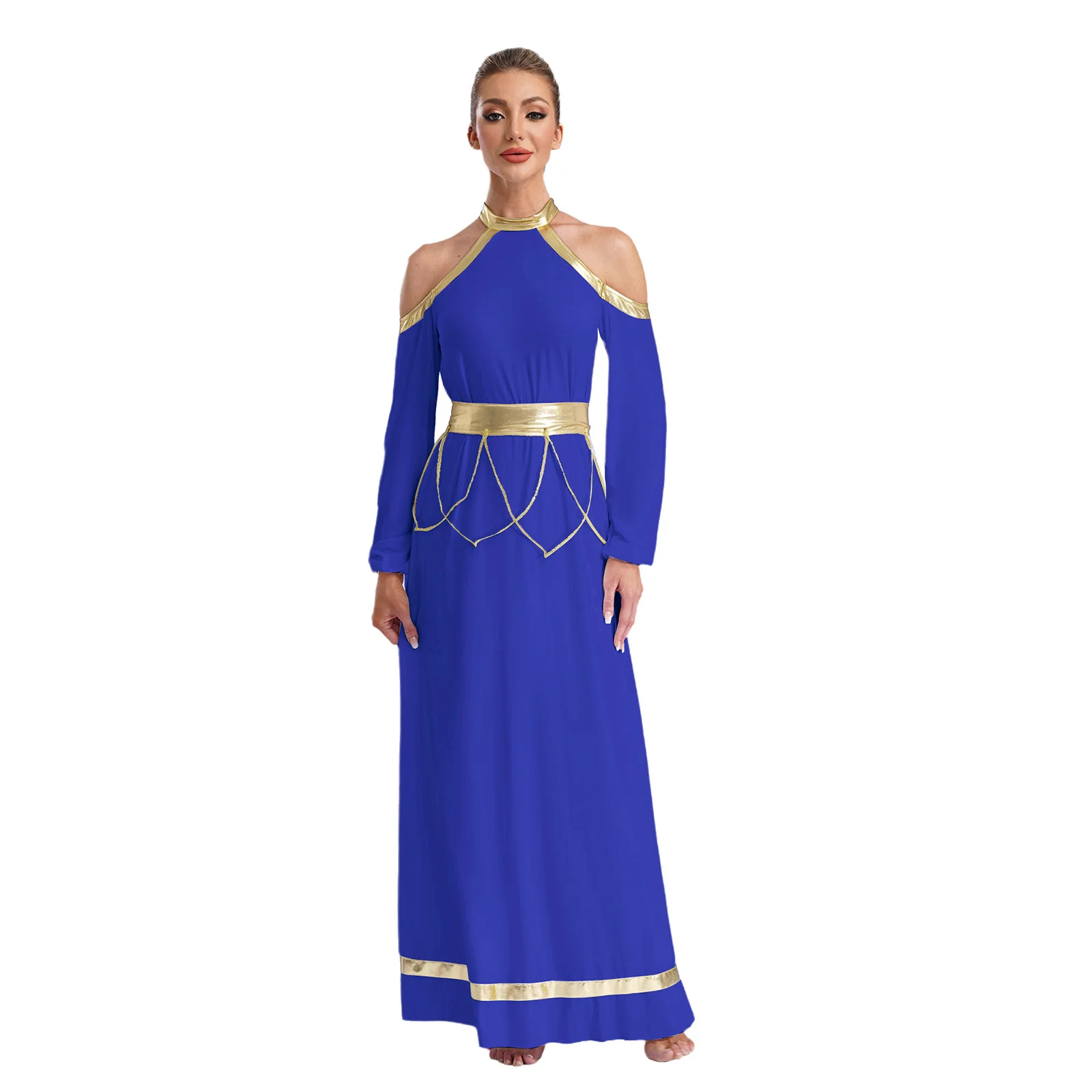 Women Liturgical Praise Performance Dance Costume Choir Robe Cold Shoulder Long Sleeve Metallic Trim Maxi Dress with Belt