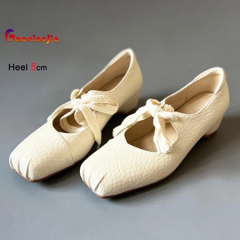 

Designer 2026 New Fashion Sheepskin Shoes For Women 5CM High Heels Lace-up Single Shoes Genuine leather Square Toe White Pumps