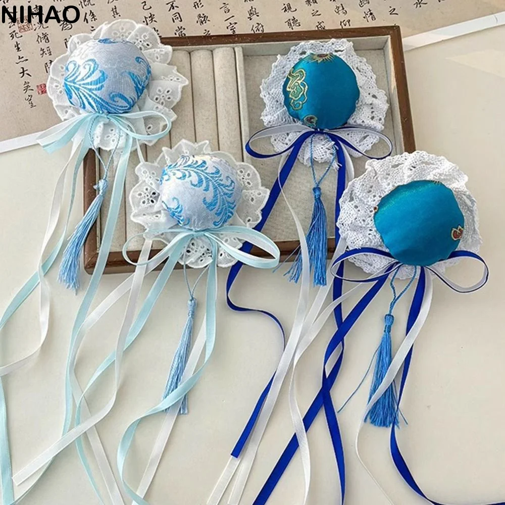 Lace Bow Chun-Li Hair Bun Clip Cheongsam Headdress Ruffle Chinese Style Hairpin Cloth Barrettes Bowknot Tassel Hair Clip Party