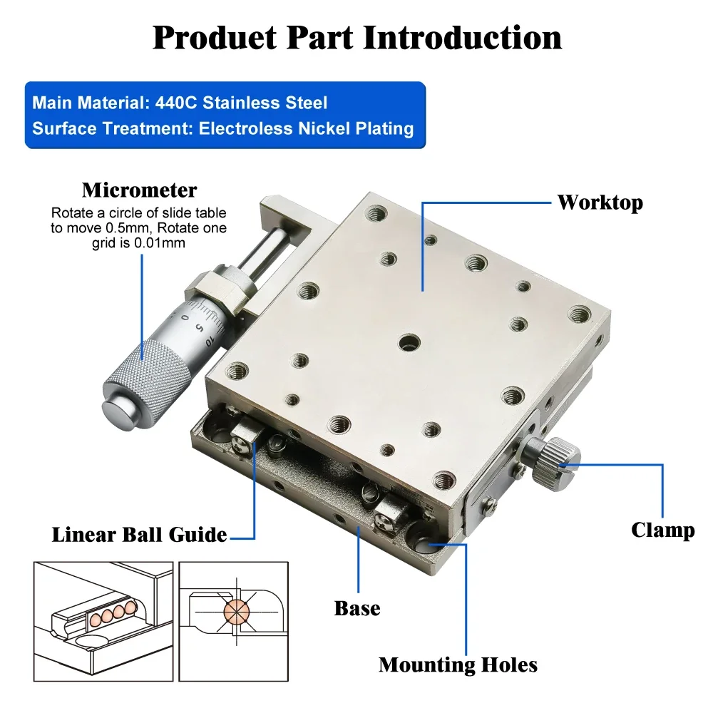 MBZ40 40x40mm Z-axis Linear Stage, Stainless Steel Micrometer Head, Vertical Mounting
