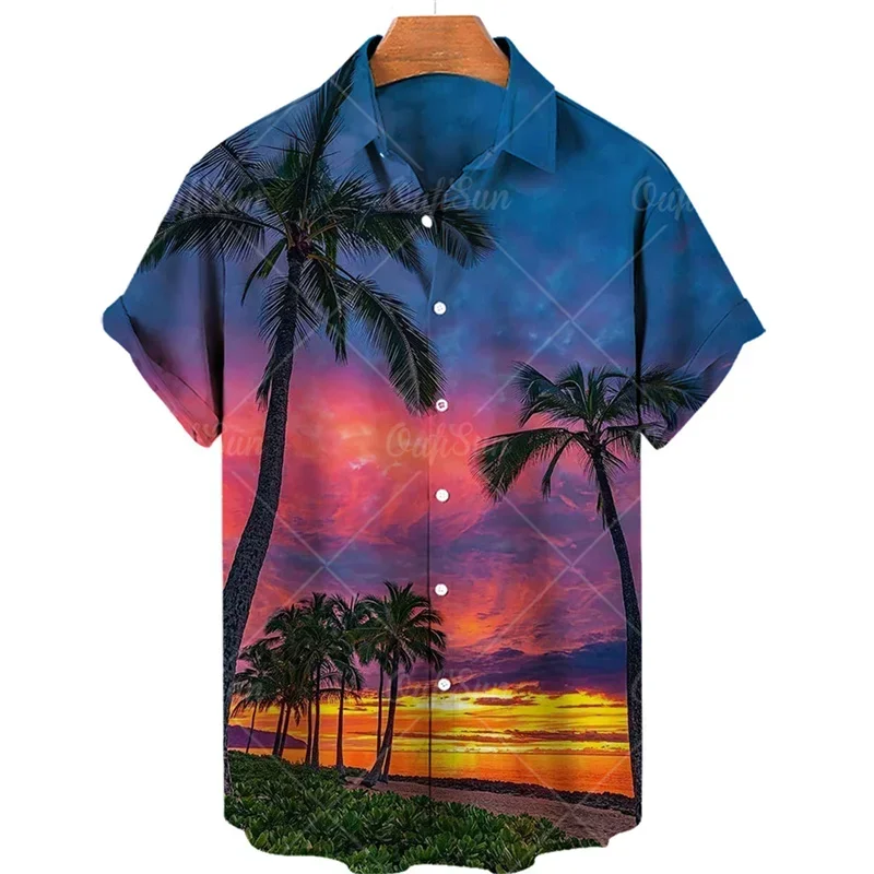 

Men's Summer Sunset Floral Hawaiian Short Sleeve Shirt Casual Social Original Beach Vacation Goth Harajuku Luxury Y2k Clothing