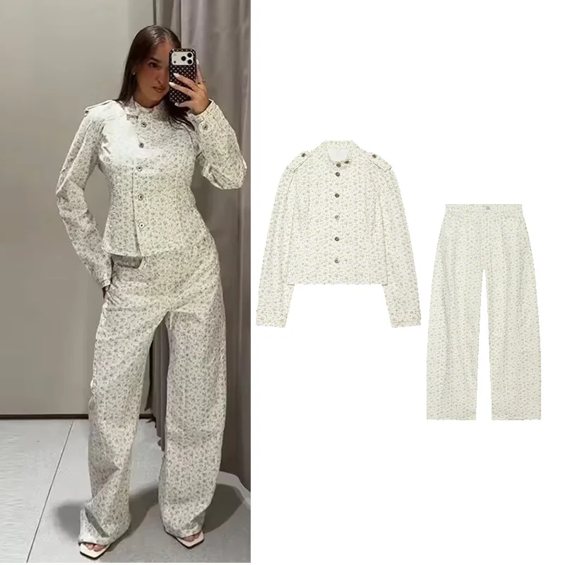 HipSeam Women's Printed Pants Set 2 Piece New 2026 Autumn High Collar Denim Jackets with Shoulder Pads Female Outfit