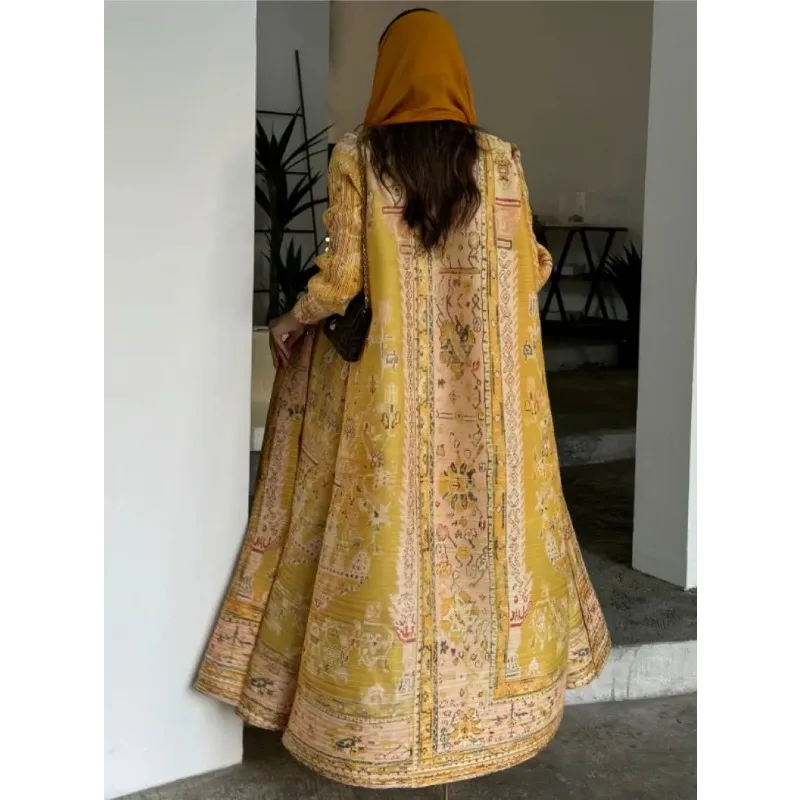 Abaya Ethnic Style Printed Pleated Coat Cape Shawl 2024 Spring/summer Big Collar Lace Up Cardigan Top Long Windbreaker Robe