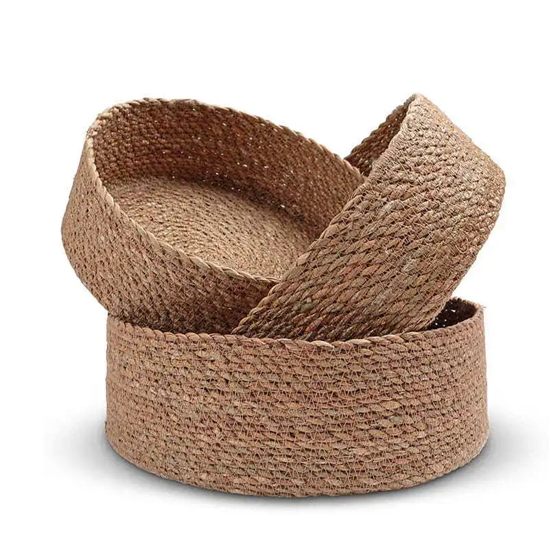 

3PCS Straw Woven Storage Basket Snack Sundries Storage Box Eco-Friendly Plant Fiber Organize Baskets Home Round Fruit Container