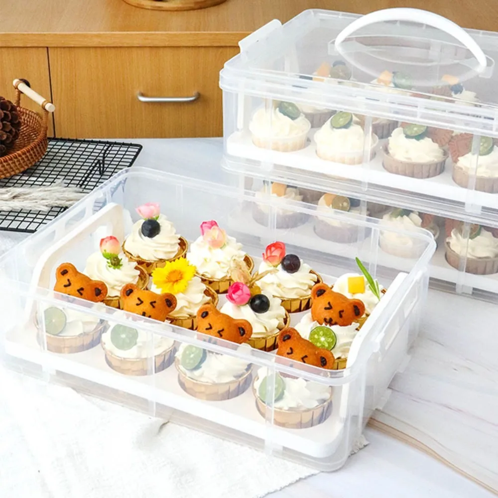 Portable 2 Tier Cupcake Carrier Rectangle with Lid and Handle Cupcake Storage Box Transparent 24 Grids Cupcake Containers Party