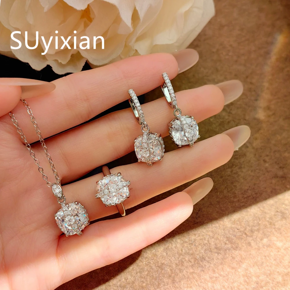 925 Sterling Silver Multi-Color Sugar Cube Earrings Ring Necklace Set