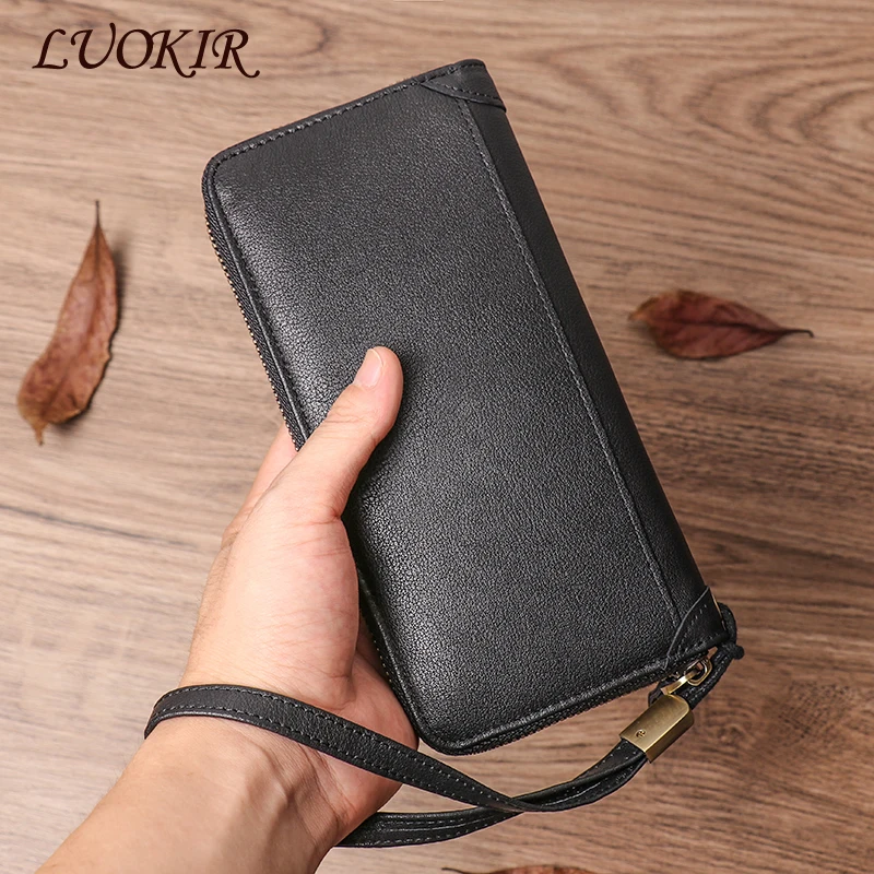 LUOKIR Genuine High Quality Men\'s Long Wallet Casual Business Leather Clutch Bag Simple Credit Card Holder Zipper Coin Bags