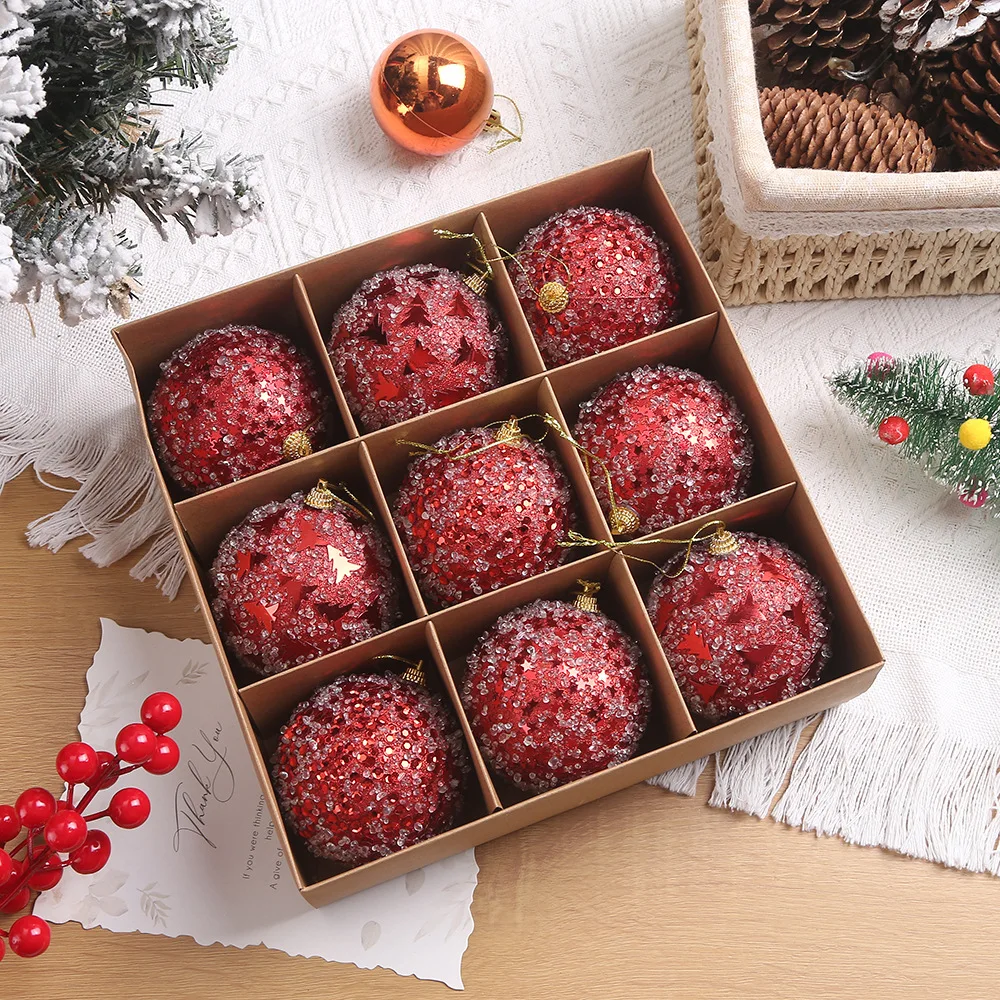 9Pcs/box 8cm Christmas Ball Xmas Tree Ornaments Hanging Pendants Glitter Christmas Flower Ball for Home New Year Navidad Gifts