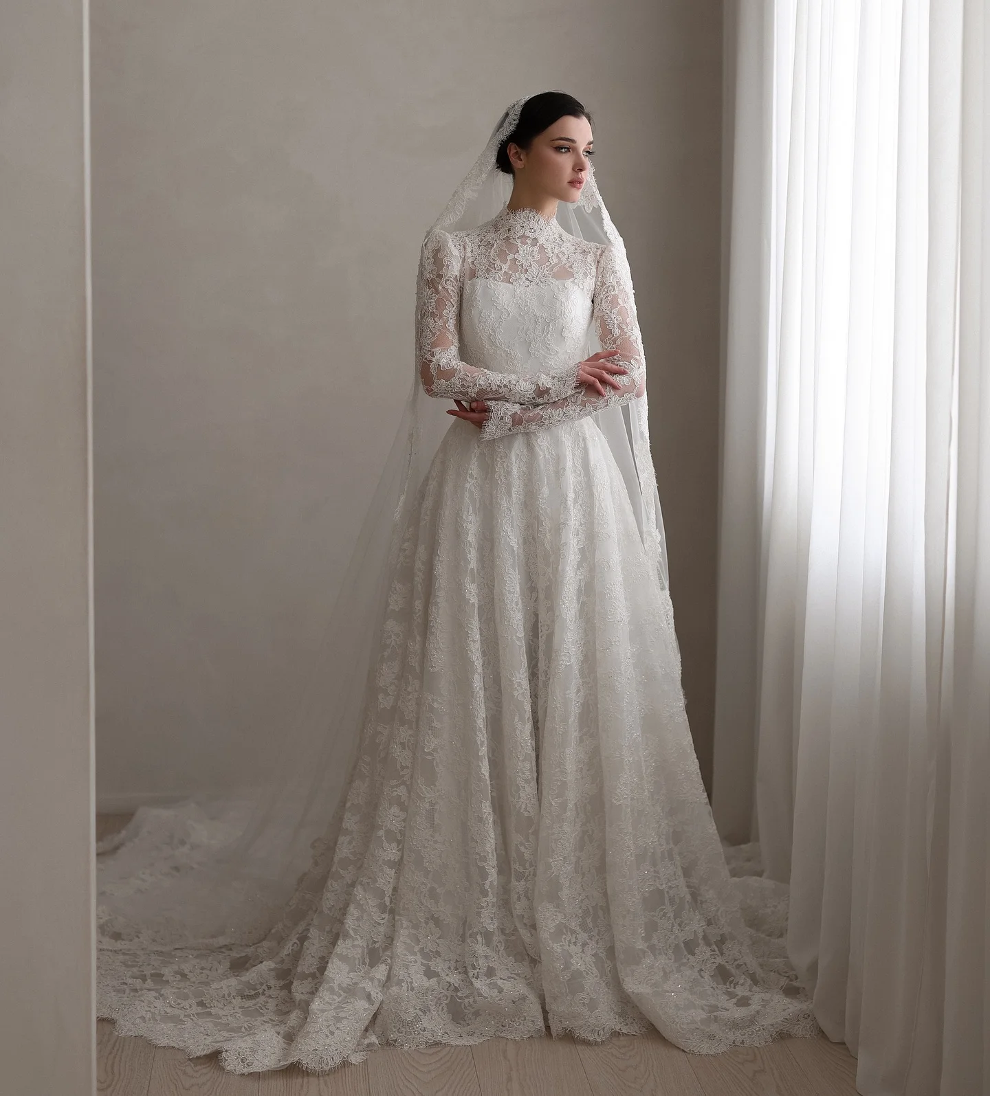 Sharon Said Elegant Off White Beading High Neck Lace Wedding Dresses with Veil Romantic for Women Bride Gowns SW535 Customized