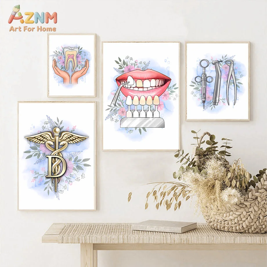 AZNM Watercolor Floral Dental Canvas Print Teeth Implant Orthodontic Tools Unframed Canvas Wall Art Clinic Dentist Office Decor