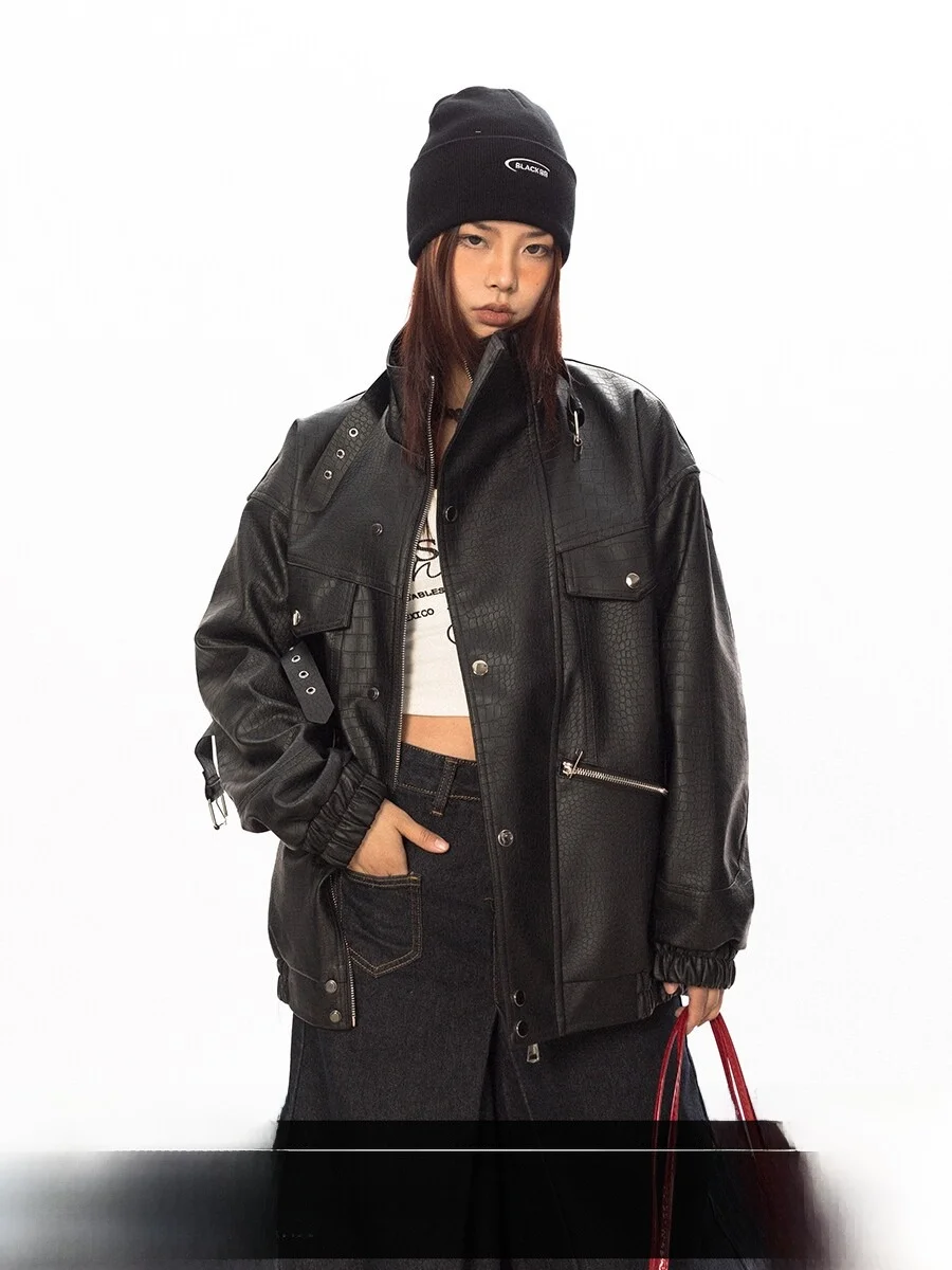 Street Style Red PU Leather Crocodile Pattern Biker Jacket Sweet Cool Spring New Arrival Women's Short Outerwear Coat